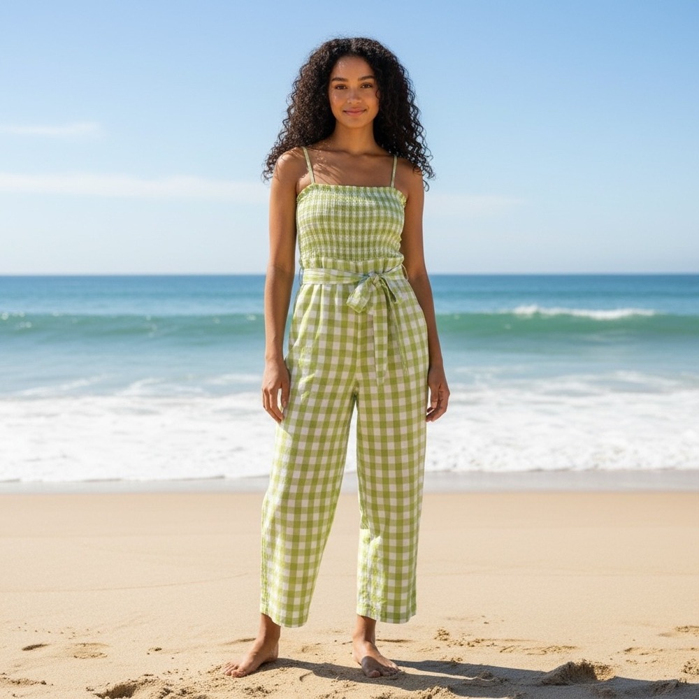 House of Harlow 1960 Gingham Smocked Linen Blend Jumpsuit Green White Small‎